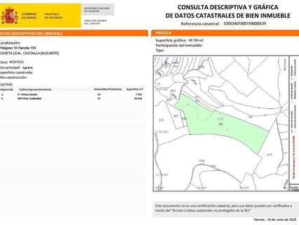 Parcela rústica en venta en Castalla