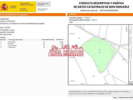 Parcela rústica en venta en Hondón de las Nieves